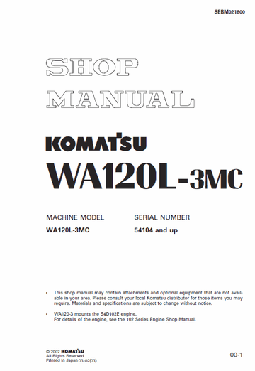 Komatsu WA120L-3MC Wheel Loader Service Repair Manual - 54104 and up