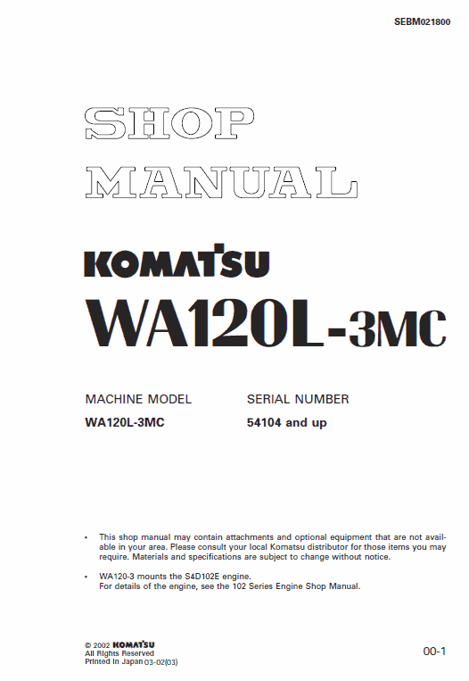 Komatsu WA120L-3MC Wheel Loader Service Repair Manual - 54104 and up