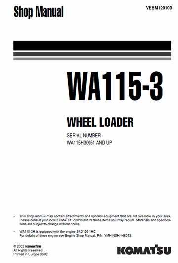 Komatsu WA115-3 Wheel Loader Service Repair Manual - WA115H30051 and up