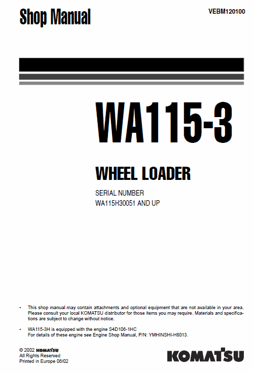 Komatsu WA115-3 Wheel Loader Service Shop Manual