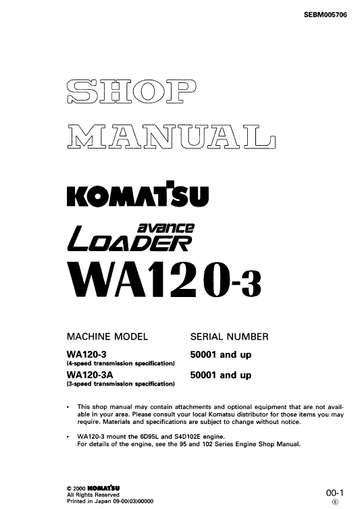 Komatsu WA120-3 & WA120-3A Wheel Loader Service Repair Shop Manual -