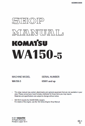 Komatsu WA150-5 Wheel Loader Workshop Service Repair Manual WA150-5 serial 65001 and up