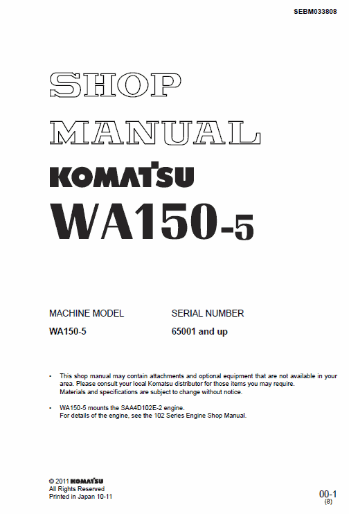 Komatsu WA150-5 Wheel Loader Workshop Service Repair Manual WA150-5 serial 65001 and up