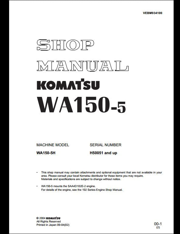 Komatsu WA150-5H Wheel Loader Service Repair Manual - H50051 and up