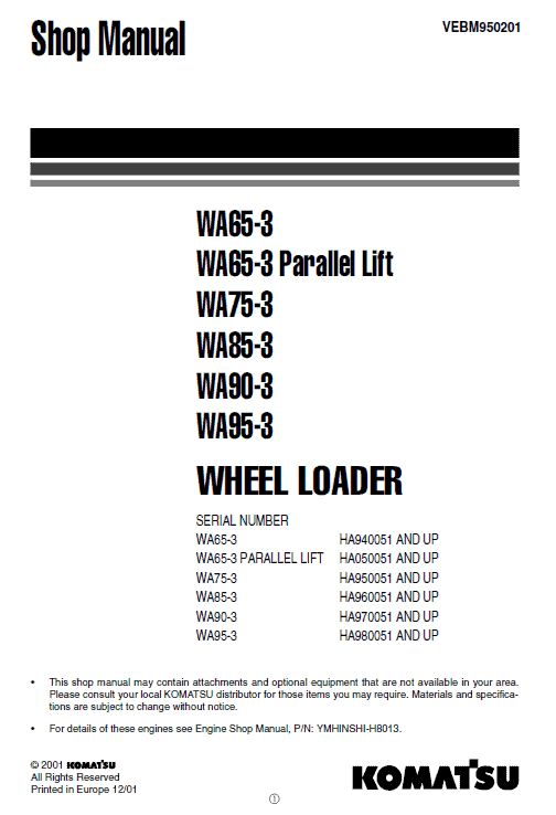 Komatsu WA65-3,wa75-3,wa85-3,wa90-3,wa95-3 shop manual