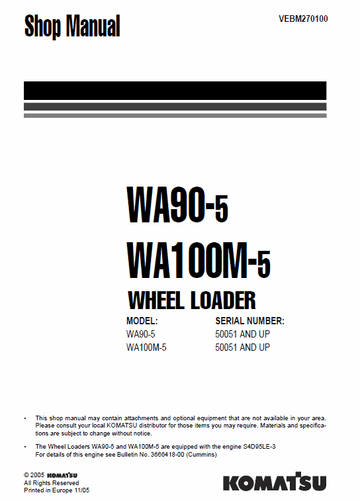 KOMATSU WA90-5 WA100M-5 Wheel Loader Service Shop Manual