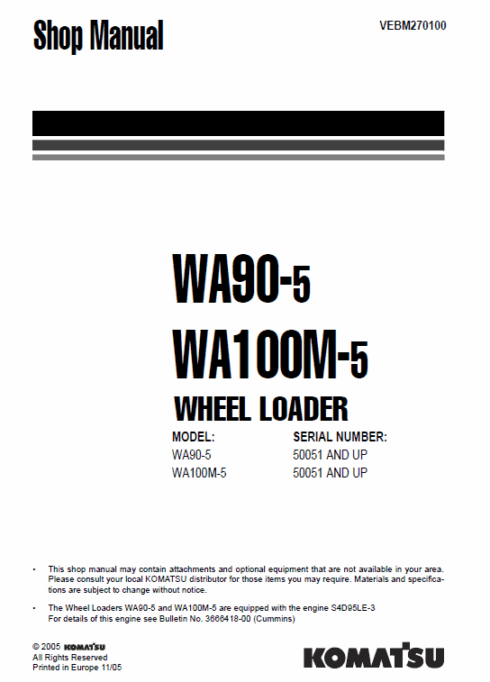 Komatsu WA90-5, WA100M-5 Wheel Loader Service Repair Manual - 50051 and up