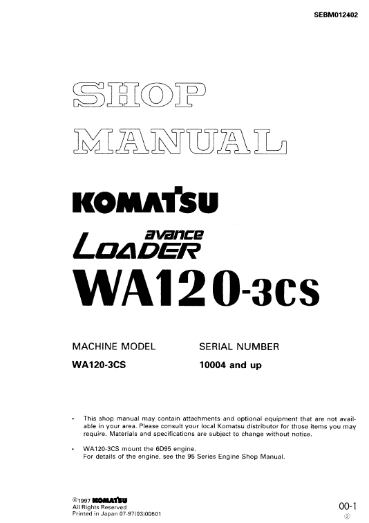 Komatsu WA120-3CS Wheel Loader Service Repair Workshop Manual (SN: 10004 and up)