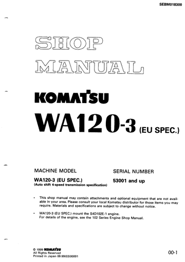 Komatsu WA120-3 (EU SPEC.) Wheel Loader Service Repair Workshop Manual (SN: 53001 and up )