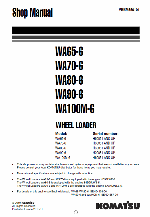 Komatsu WA65-6, WA70-6, WA80-6, WA90-6, WA100M-6 Wheel Loader Service Repair Manual - H60051 and up, H00051 and up