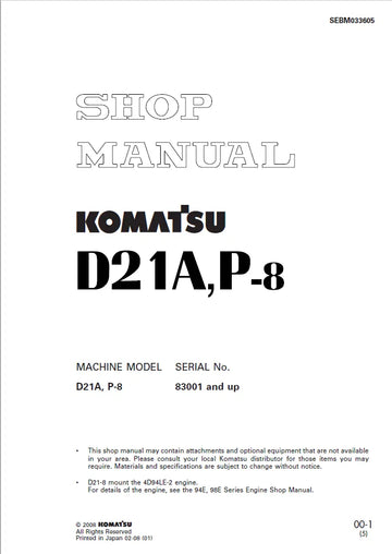 Komatsu D21A-8 Bulldozer Workshop Repair Service Manual