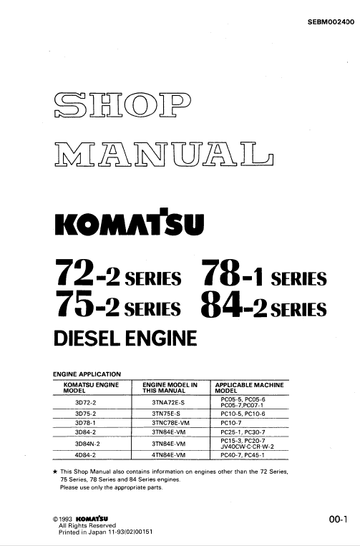 Komatsu 72-2, 75-2, 78-1, 84-2 Series Engine Manual