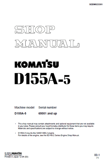 Komatsu D155A-5 Dozer Service Manual