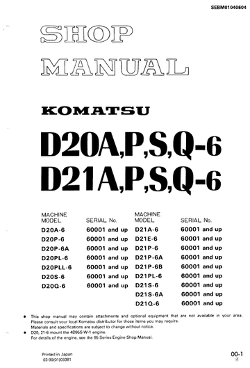 Komatsu D20 A E P PL PLL S Q -6 -6a Bulldozer Service Manual