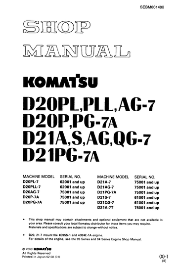 Komatsu D20PL-7, D20PLL-7, D20AG-7, D20P-7, D20PG-7A Dozer Manual