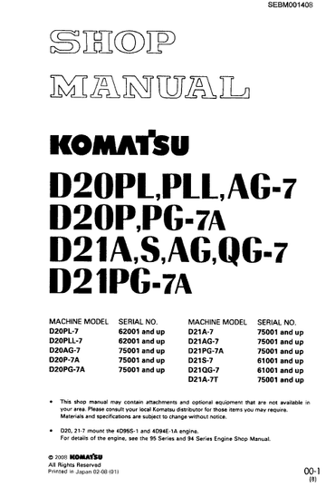 KOMATSU D20PL,PLL,AG-7 P,PG-7A, D21A,S,AG,QG-7 DOZER Manual