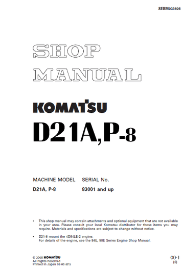 Komatsu D21A-8 and D21P-8 Dozer Service Manual