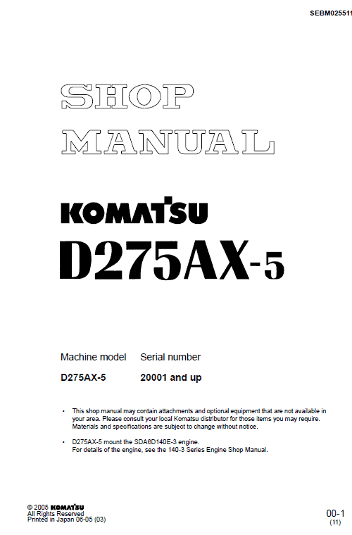 Komatsu D275AX-5, D275AX-5E0 Dozer Service Manual