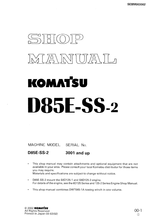 Komatsu D85ESS-2, D85ESS-2A Dozer Service Manual