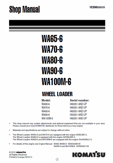 Komatsu WA65-6, WA70-6, WA80-6, WA90-6, WA100M-6 Wheel Loader Service Repair Manual - H60051 and up, H00051 and up